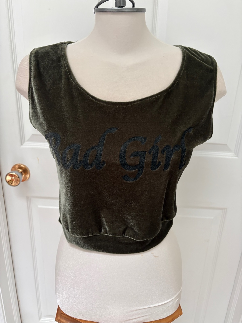Bad Girl Velvet Crop Tank Top - Olive
